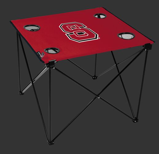 A red NCAA North Carolina State Wolfpack deluxe tailgate table with four cup holders and team logo printed in the middle SKU #00713041111
