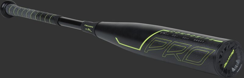 3/4 angle view of the BB9Q3 Rawlings BBCOR Quatro Pro bat with a black barrel