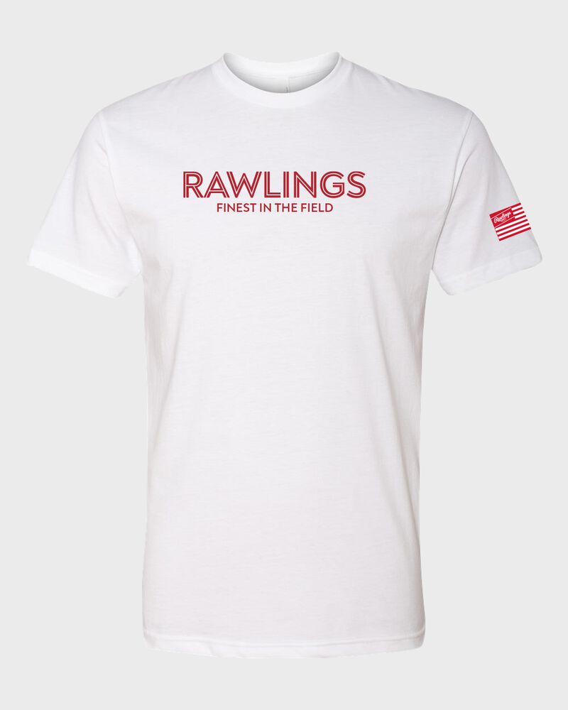 A white Rawlings Finest in the Field short sleeve shirt with a red logo and lettering on the chest - SKU: RSGTT-W