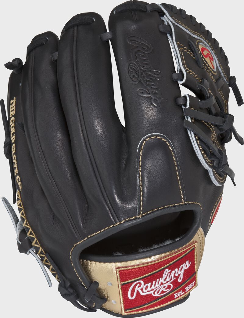 RGG205-9B 11.75-inch Gold Glove Series Modified Trap-Eze web glove with a black back and gold wrist strap
