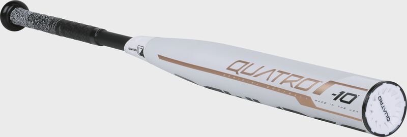 3/4 view of a FP9Q10 fastpitch Quatro bat with a white barrel and white end cap