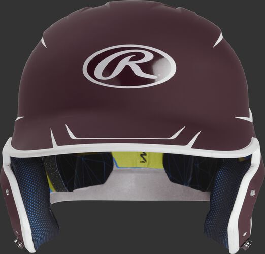 Front of a matte maroon/white MACH Junior size batting helmet