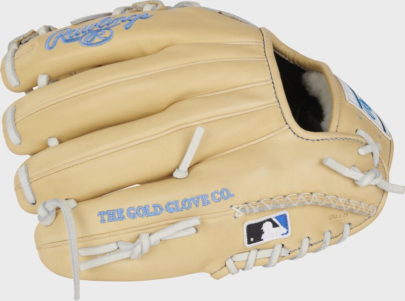 Back of a camel Pro Preferred 11.5' infield glove with hand-sewn welting and MLB logo on the pinky - SKU: PROSNP4-7CW