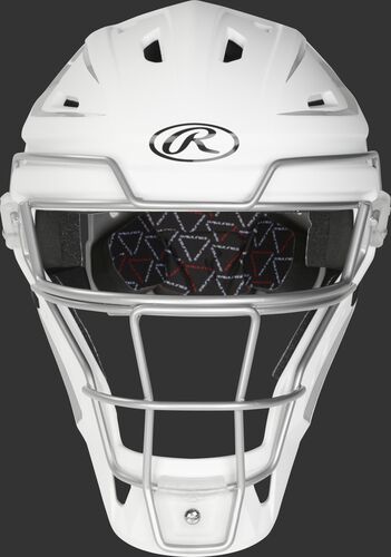 Front of a white/silver CHV27J Velo 2.0 hockey-style catcher's helmet