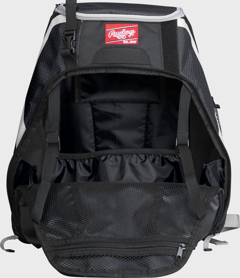 An open R500 Rawlings Players equipment backpack