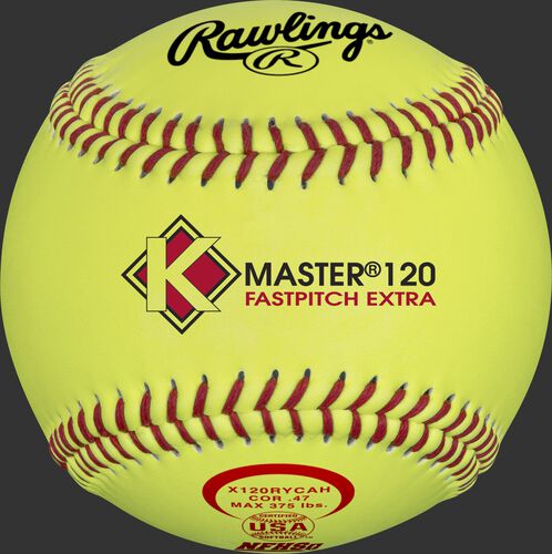A yellow X120RYCAH K-Master Official 12-inch softball with red stitching