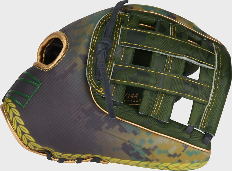 Thumb of a military green/yellow Rawlings REV1X 11.75" Veteran's Day infield glove loading=