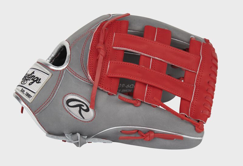 Thumb of a gray/scarlet exclusive Heart of the Hide Hyper Shell outfield glove with a scarlet H-web - SKU: PRO3039-6GCFS