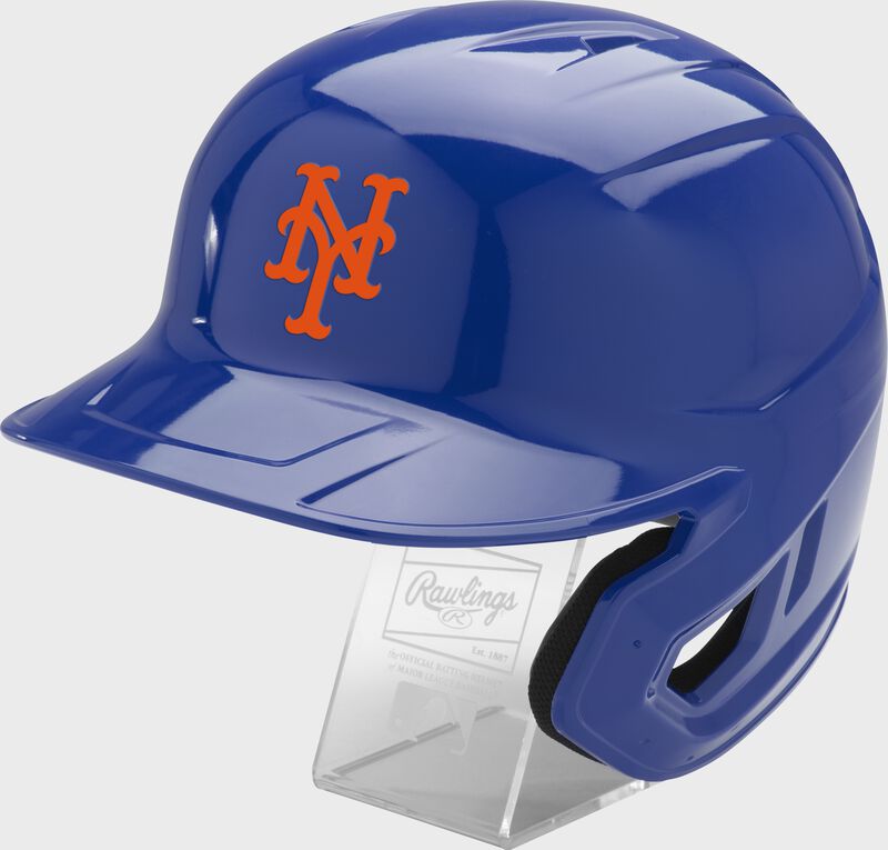 Front left of a blue Rawlings New York Mets replica helmet - SKU: MLBMR-NYM