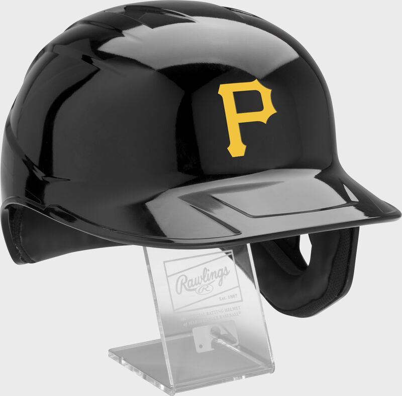 Front right of a MLB Pittsburgh Pirates replica helmet - SKU: MLBMR-PIT
