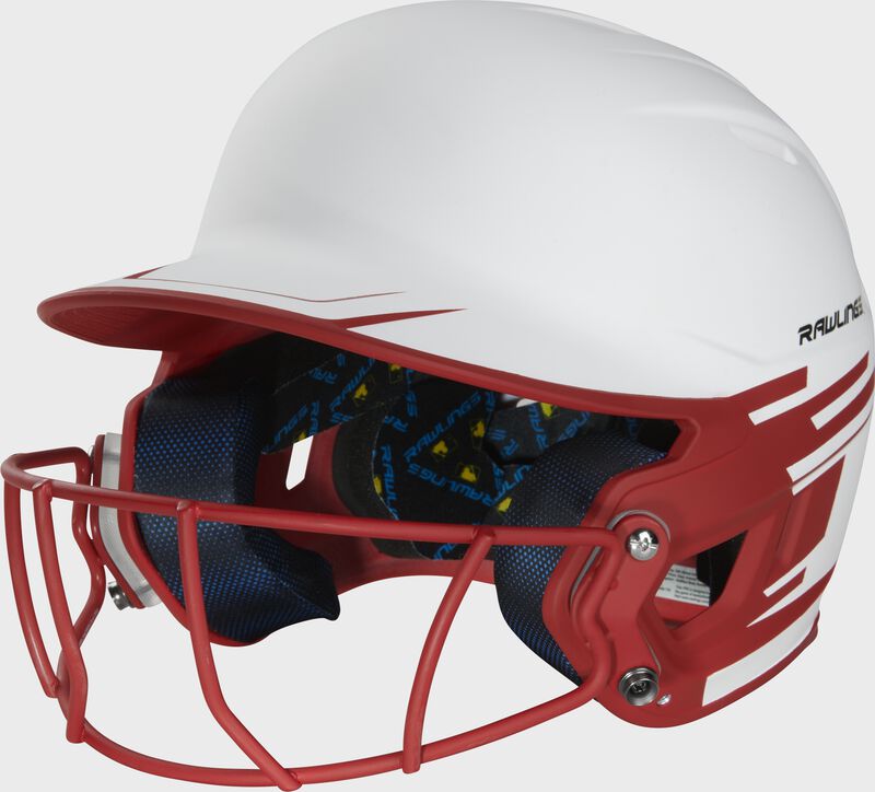 Front left-side view of Rawlings Mach Ice Softball Batting Helmet, Scarlet - SKU: MSB13