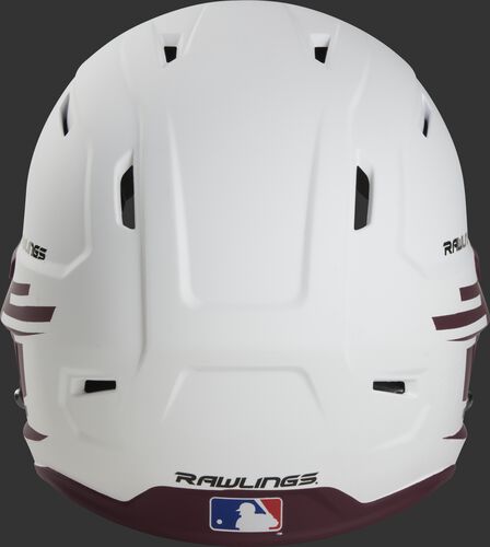Back of a white/maroon Rawlings Mach fastpitch helmet with the MLB logo on the bottom - SKU: MSB13S-W/MA