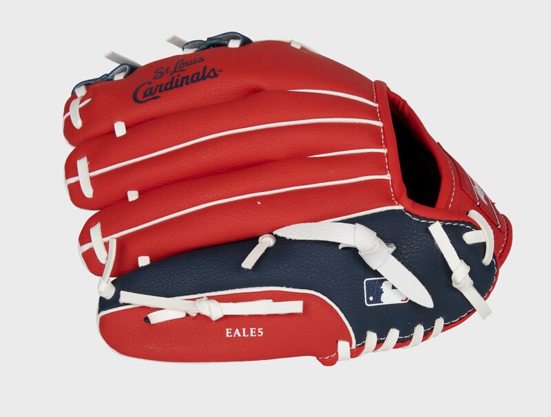 Back of a red/navy St. Louis Cardinals 10-inch youth glove with the MLB logo on the pinky - SKU: 22000007111
