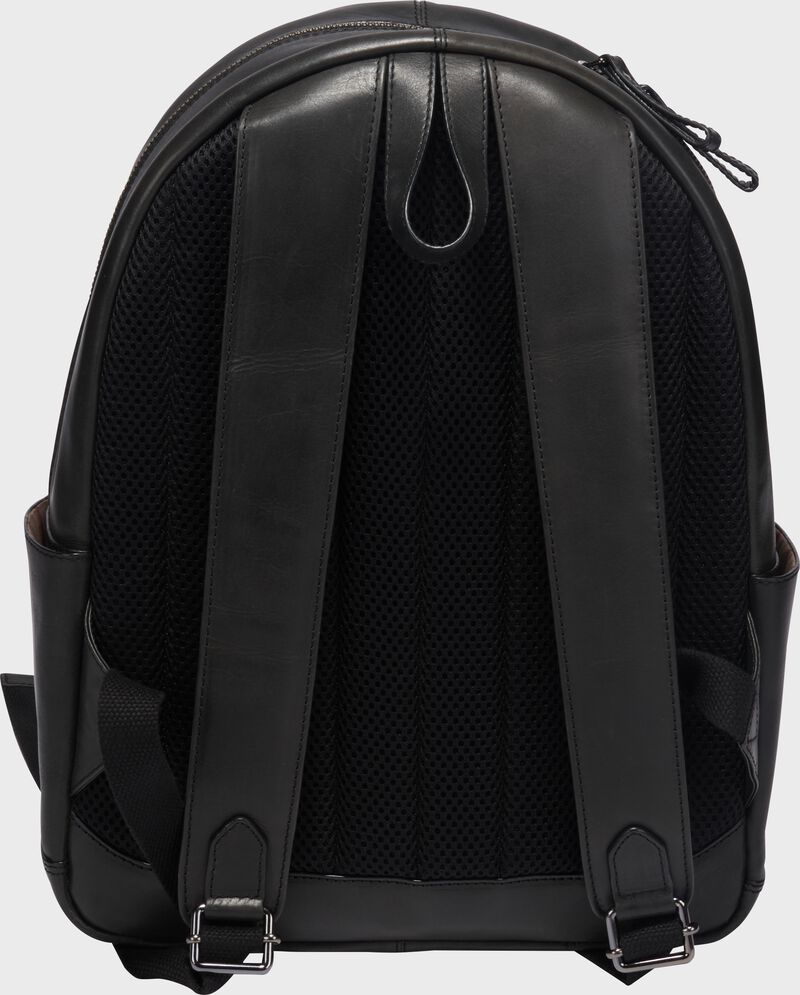Back of a black Rawlings Double Play mini backpack with tan shoulder straps