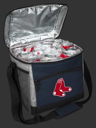 An open Boston Red Sox 24 can cooler filled with ice and drinks - SKU: 10200024111