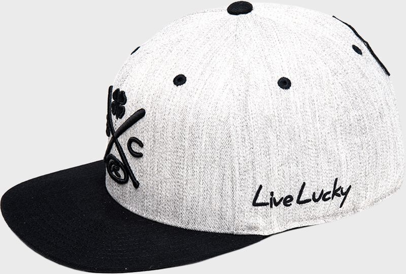 A white/black Rawlings Black Clover "Baseball is Life" snapback hat with "Live Lucky" on the side - SKU: BCR1BIS
