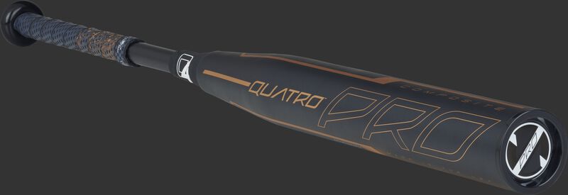 3/4 view of a FPZP10 fastpitch Quatro Pro bat with a black barrel and rose gold accents