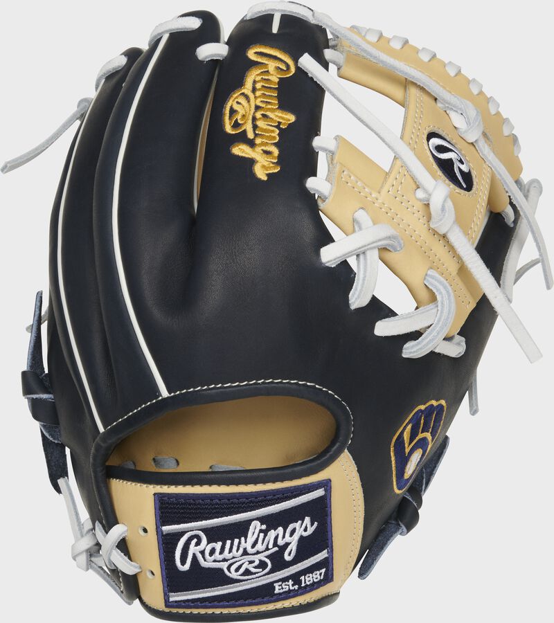 Navy back of a Milwaukee Brewers Heart of the Hide I-web glove with a navy Rawlings patch - SKU: RSGPRO204-2MIL