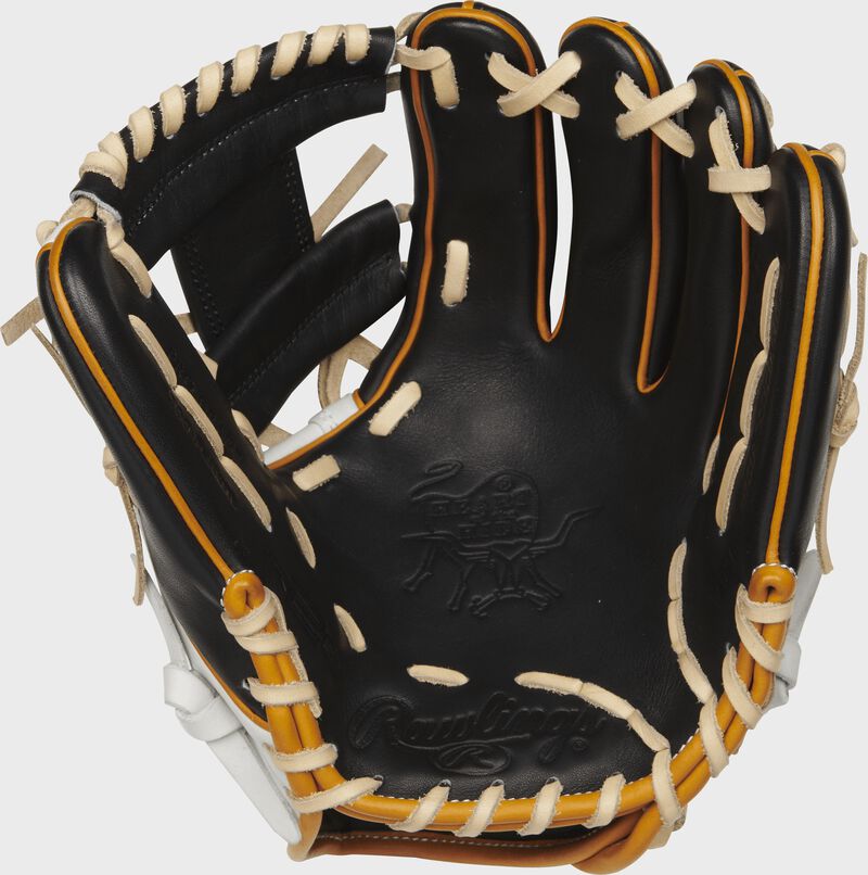 Shell palm view of white, black, and camel 11.5-inch Rawlings Heart of the Hide R2G Wing Tip glove