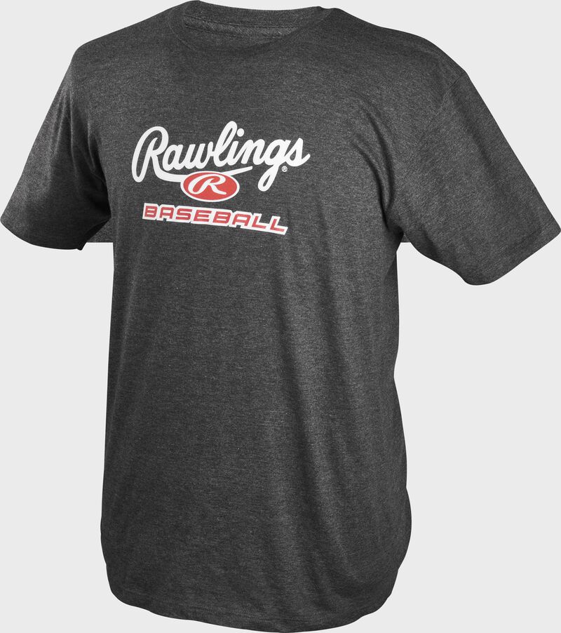 A charcoal Rawlings baseball short sleeve shirt with a heather design and Rawlings logo on the chest - SKU: CLM2