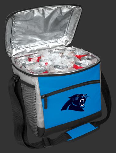 An open Carolina Panthers 24 can cooler filled with ice and drinks - SKU: 10211090111