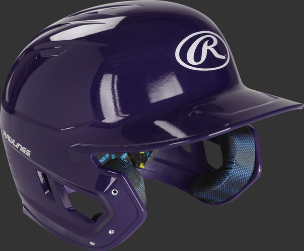 Right angle of a MCH01A high school Mach baseball helmet with a purple shell