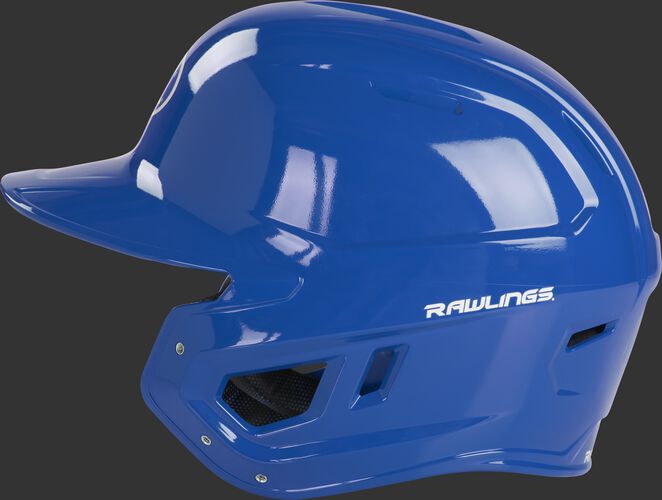 Left side of a royal MCC01 Mach baseball helmet compatible with MEXT face guard extension
