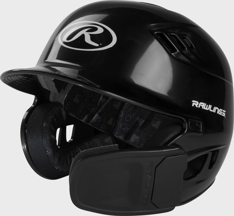 Front left-side view of Black R16 Reverse Clear Coat Batting Helmet | Junior & Senior - SKU: RSGR6R00