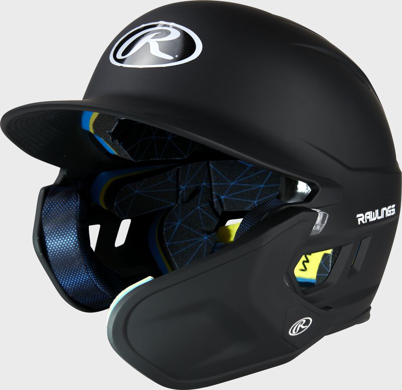Front left-side view of Black Rawlings Mach Carbon Batting Helmet - SKU: MAAR