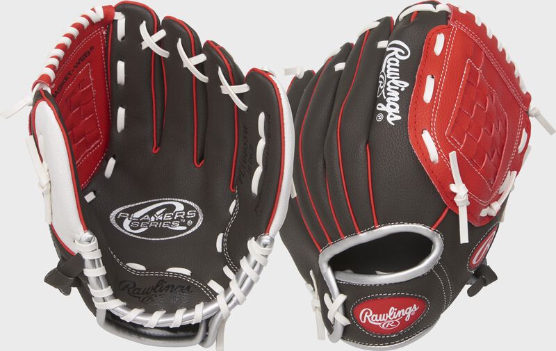 Two images showing the palm & back of a dark shadow/scarlet Players Series 10" youth baseball/softball glove
