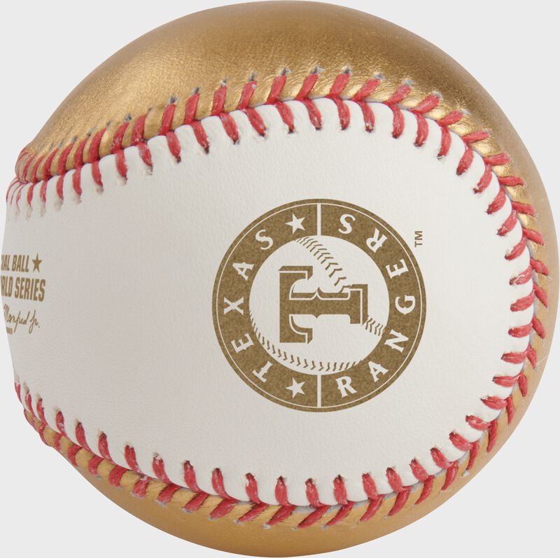 A gold Texas Rangers logo stamped on a white/gold Dueling World Series baseball - SKU: WSBB23DL