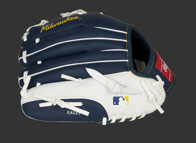 Back of a navy/white Rawlings Milwaukee Brewers youth glove with the MLB logo on the pinky - SKU: 22000006111
