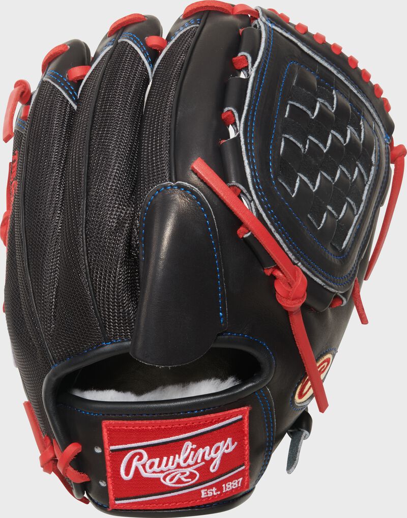 Black mesh back of a Gameday 57 Series Zack Wheeler Pro Preferred Glove with a red Rawlings patch