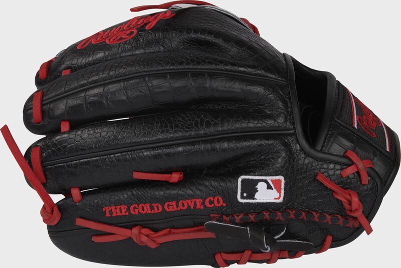 Croc embossed back of a black HOH ColorSync 6.0 infield/pitcher's glove with the MLB logo on the pinky - SKU: PRO205-30BCS