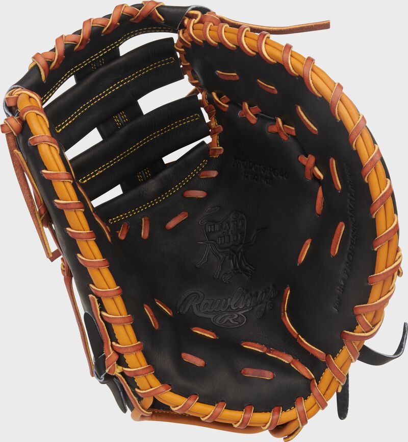 Black palm of a Rawlings Gameday 57 Series Paul Goldschmidt Heart of the Hide 1st base mitt with tan laces