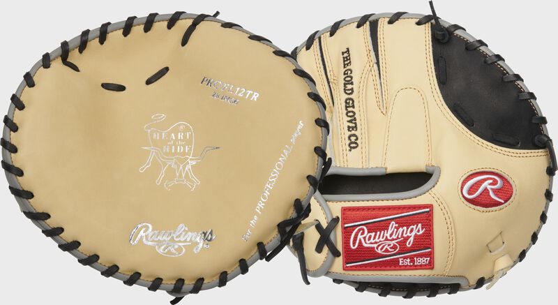 Two images showing the palm & back of a camel Heart of the Hide 28" Francisco Lindor pancake training mitt
