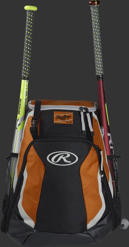 A black/orange R500 Rawlings equipment backpack with a bat on each side