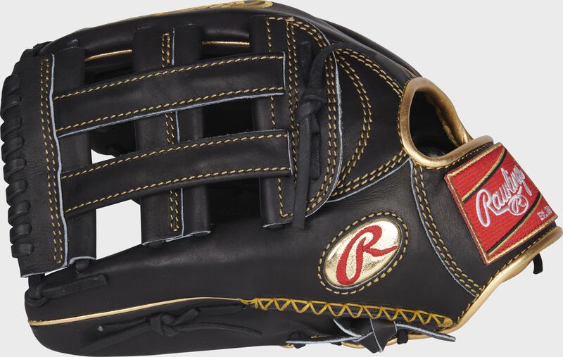 Thumb of a black left handed Gold Glove 12.75-inch outfield glove with a black H-web and gold Oval-R - SKU: RGG1275PRO-RH