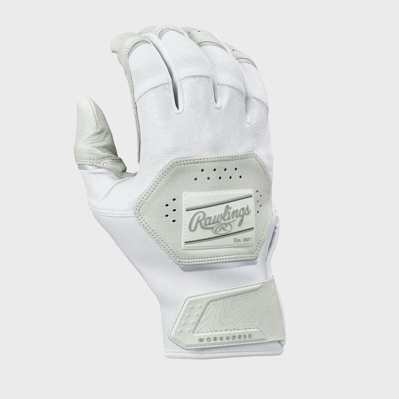 Back of a white Rawlings Workhorse Batting glove