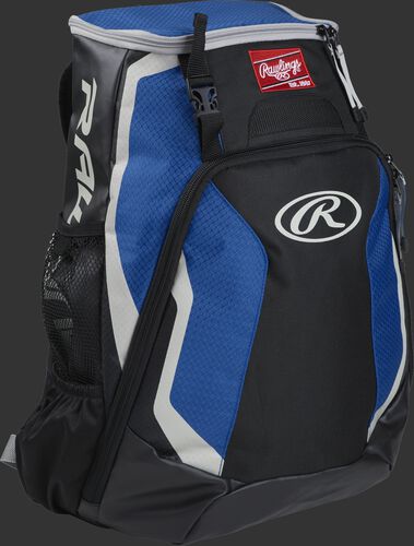 Right side of a black/royal R500 Rawlings Players equipment backpack with white trim
