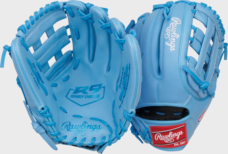 Two images showing the palm & back of a Columbia blue R9 Series 11.75-Inch Infield Glove loading=