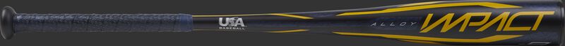 Barrel of a navy USZI9 Rawlings 2020 Impact USA Baseball bat with yellow accents