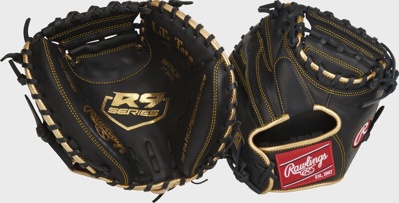 Two images showing the palm & back of a black R9 Series 27" catcher's training mitt