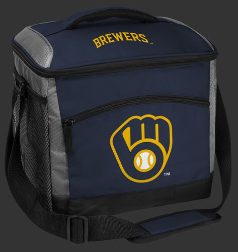A navy Milwaukee Brewers 24 can soft sided cooler with screen printed team logos - SKU: 10200006111