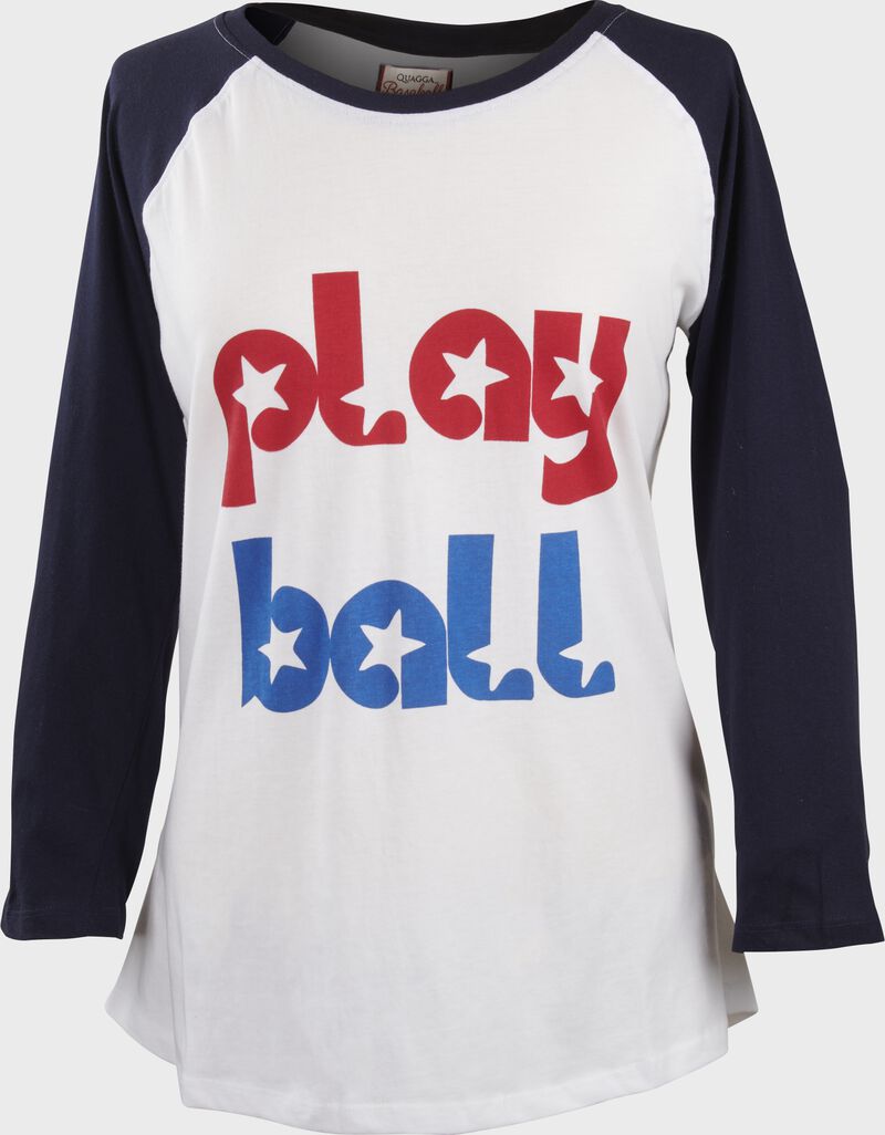 A Women's play ball Raglan sleeve t-shirt with navy sleeves - SKU: P30293 loading=