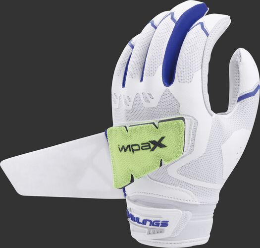 A white/royal FPWPBG-R women's Rawlings Workhorse batting glove with the Impax pad attached to the back