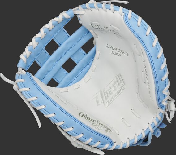 RLACM33FPCB Rawlings Liberty Advanced Color Series catcher's mitt with a white palm, columbia blue web and white laces