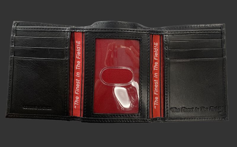 Inside of a black tri-fold Rawlings debossed stitch wallet with multiple card slots and clear ID window in the middle - SKU: RPW008-001
