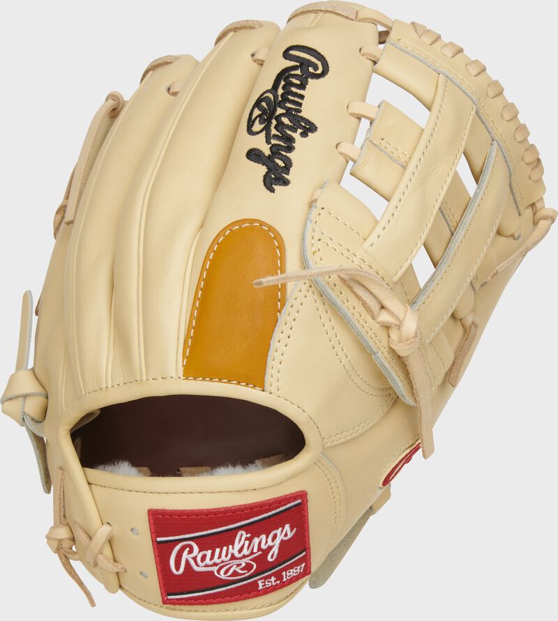 Back of a camel DJ LeMahieu Gameday 57 glove with a tan finger pad and red Rawlings patch - SKU: PROSNP4-DJ26
