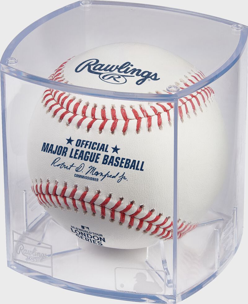 A 2024 MLB World Tour London Series baseball in a clear display cube
